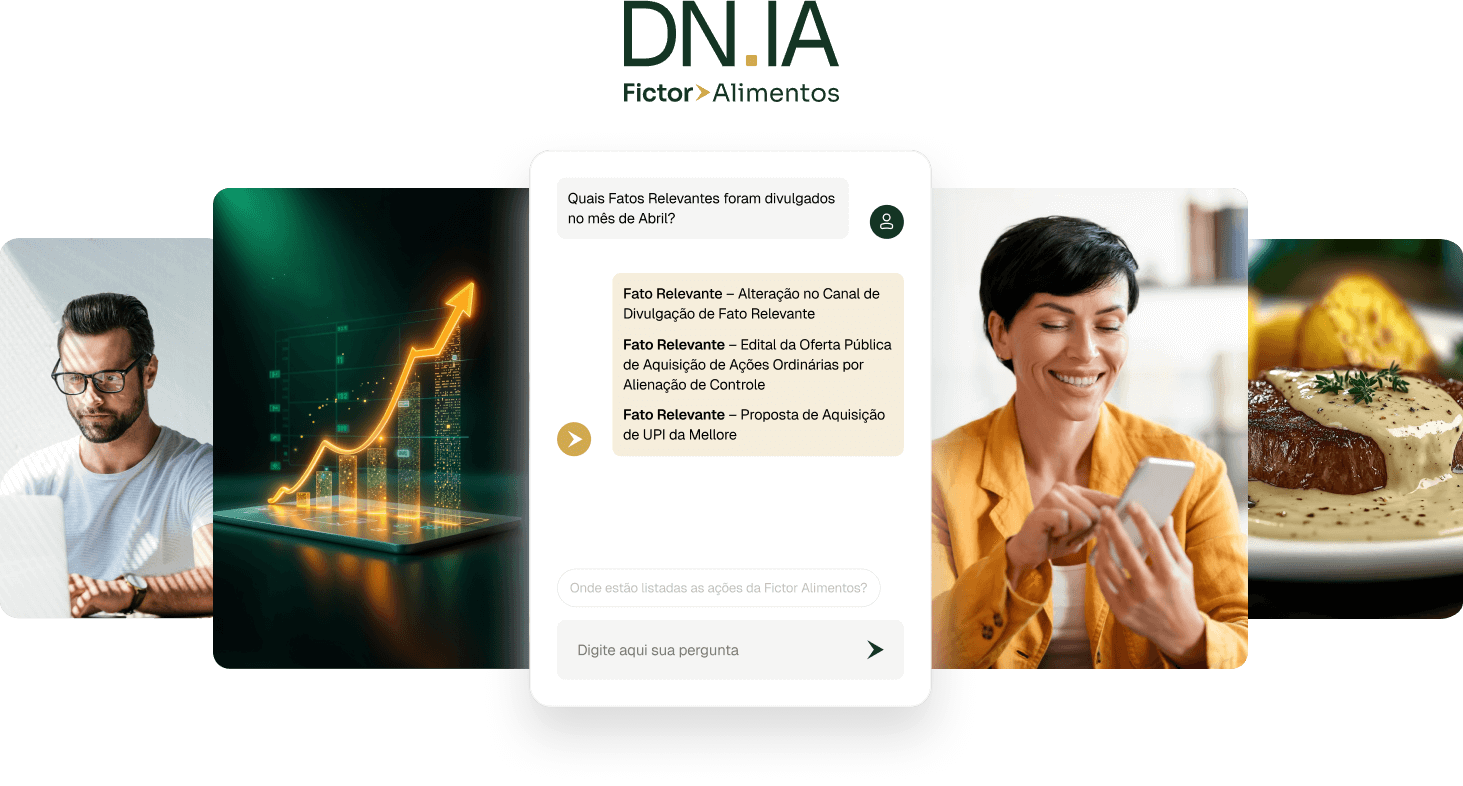A imagem apresenta o Assistente Virtual (DN.IA) da Fictor Alimentos em ação.